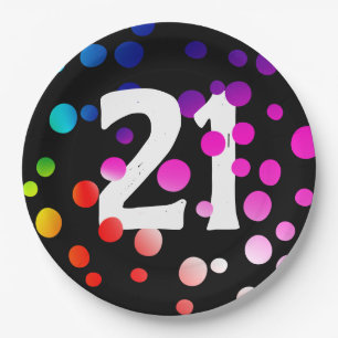21st Birthday Rainbow Dots on Black  Paper Plate
