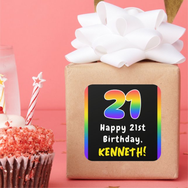 21st Birthday: Rainbow Spectrum # 21, Custom Name Square Sticker (Party)