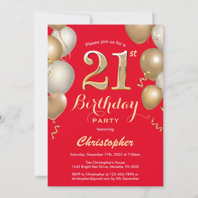 21st Birthday Red and Gold Balloons Confetti Invitation (Front)