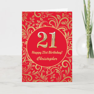 21st Birthday Red and Gold Floral Pattern Card