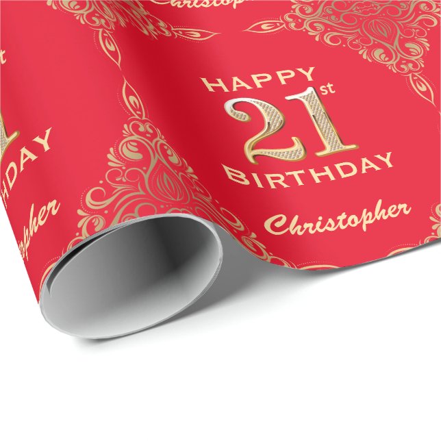 21st Birthday Red and Gold Glitter Frame Wrapping Paper (Roll Corner)