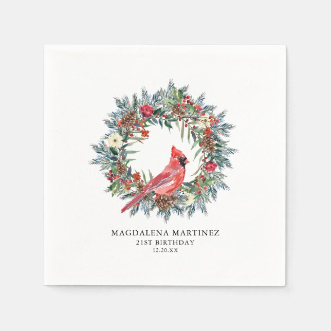 21st Birthday Red Cardinal Wreath Custom Cocktail Napkin (Front)