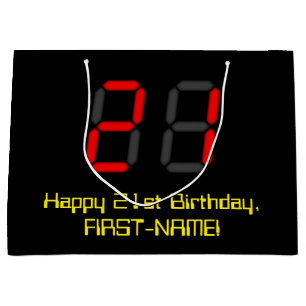 21st Birthday: Red Digital Clock Style "21" + Name Large Gift Bag