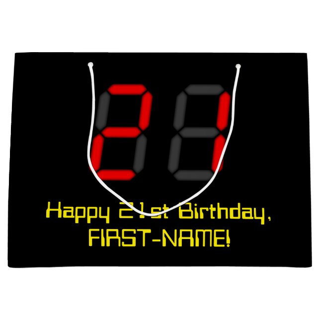 21st Birthday: Red Digital Clock Style "21" + Name Large Gift Bag (Front)