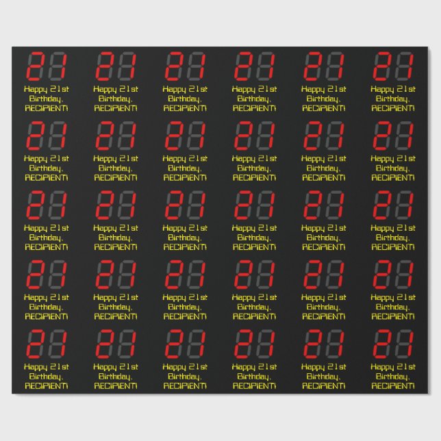 21st Birthday: Red Digital Clock Style "21" + Name Wrapping Paper (Flat)