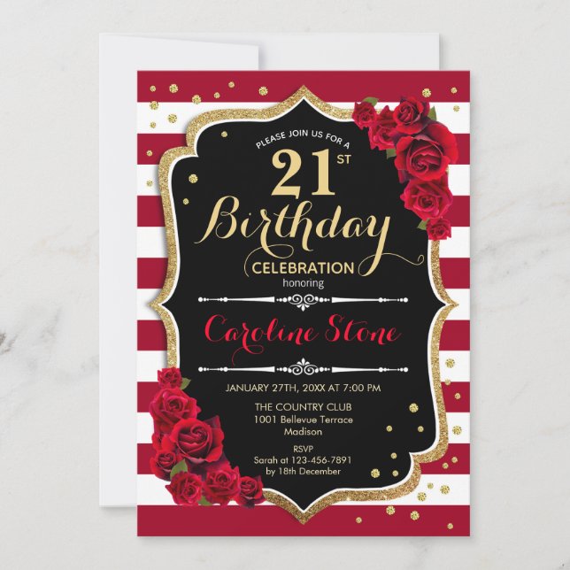 21st Birthday - Red Gold Black White Stripes Roses Invitation (Front)