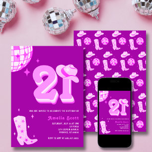 21st Birthday Retro Disco Cowgirl Rodeo Hot Pink Invitation