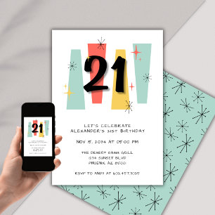 21st Birthday Retro Midcentury Modern Colourful Invitation