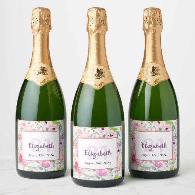 21st birthday romantic watercolored pink flowers sparkling wine label (Bottles)