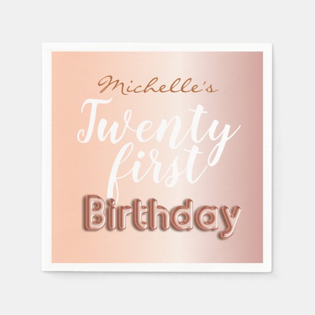 21st Birthday Rose Gold Balloon Text  Napkin (Front)