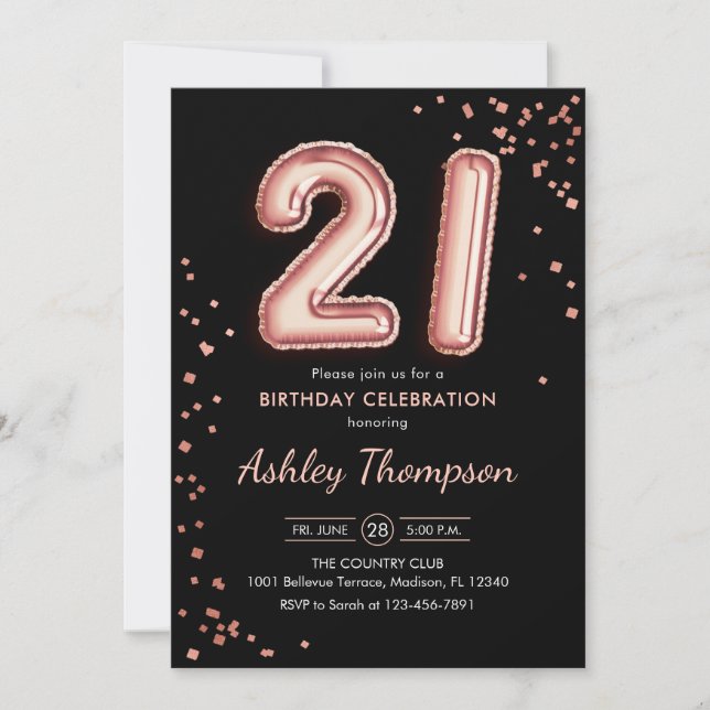 21st Birthday - Rose Gold Balloons Black Invitation (Front)