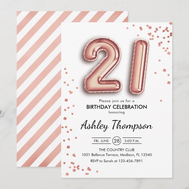 21st Birthday - Rose Gold Balloons Invitation (Front/Back)