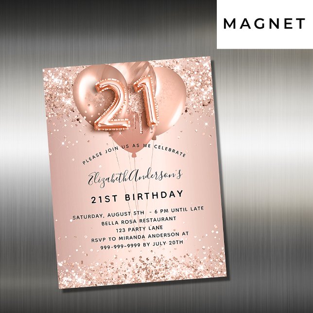 21st birthday rose gold balloons invitation magnet (Creator Uploaded)
