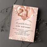 21st birthday rose gold blush balloons invitation<br><div class="desc">For an elegant 21st birthday.  A rose gold background. Decorated with rose gold,  pink confetti and balloons.  Personalize and add a name,  and party details. The name is written with a hand lettered style script,  number 21 with balloon style fonts.</div>