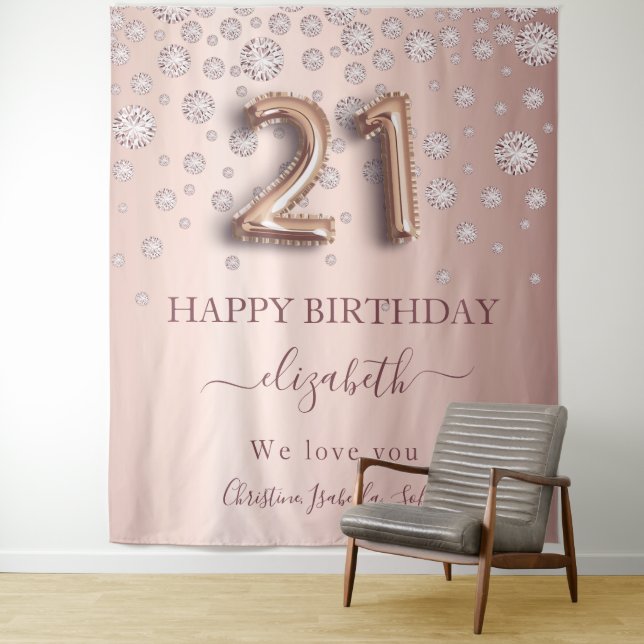 21st birthday rose gold blush diamonds friends tapestry (In Situ)