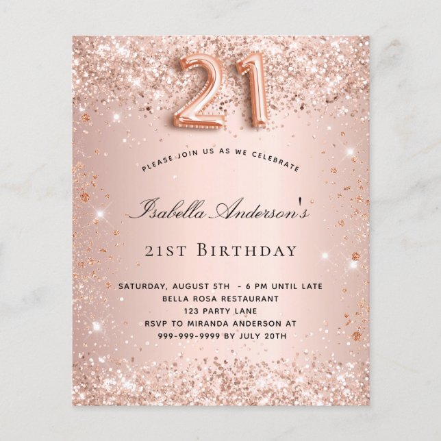 21st birthday rose gold blush glitter budget flyer (Front)