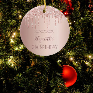 21st birthday rose gold blush glitter drips name ceramic tree decoration