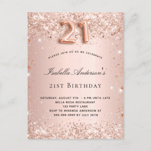 21st birthday rose gold blush glitter dust invitation postcard