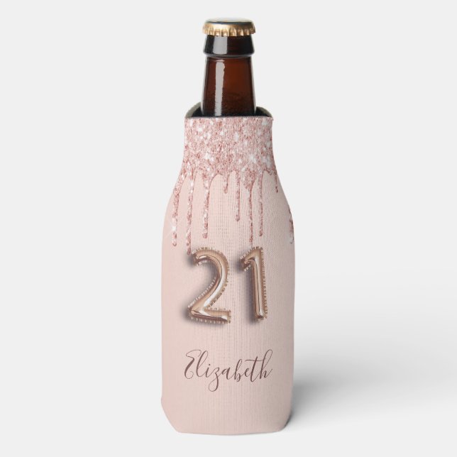 21st birthday rose gold blush glitter name bottle cooler (Bottle Front)