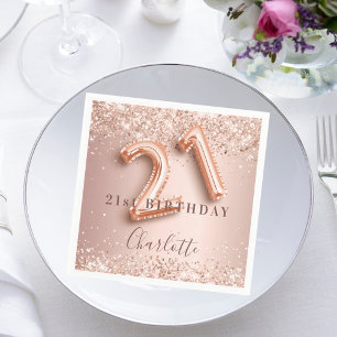 21st birthday rose gold blush glitter name napkin