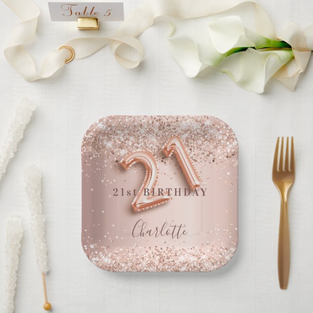 21st birthday rose gold blush glitter name paper plate (Wedding)