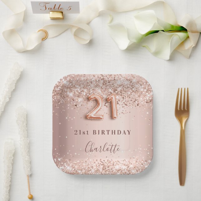 21st birthday rose gold blush glitter name paper plate (Wedding)