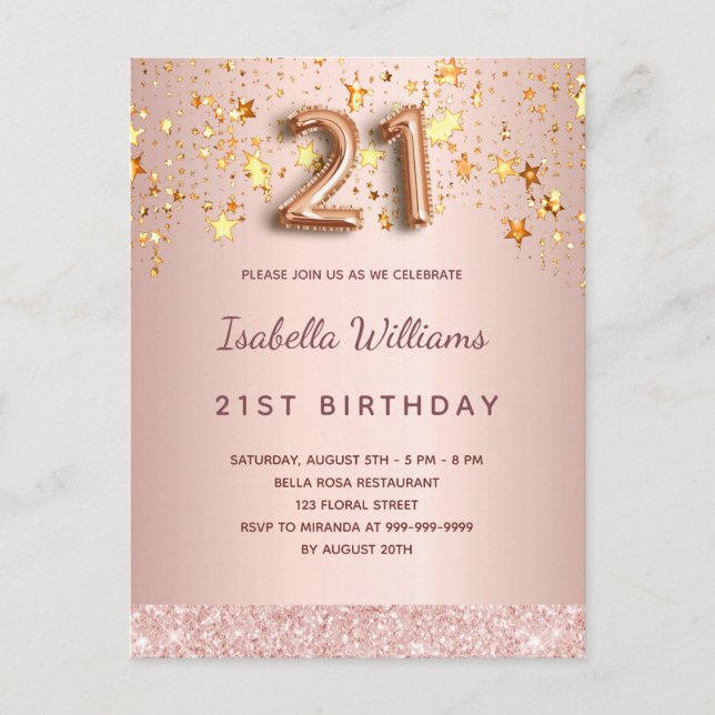 21st birthday rose gold blush golden stars postcard (Front)