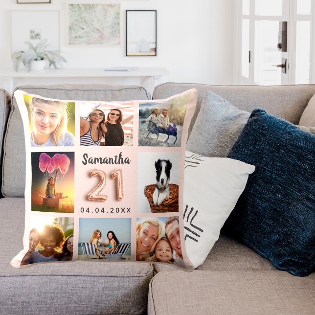 21st birthday rose gold blush photo collage cushion (Creator Uploaded)