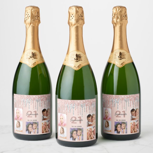 21st birthday rose gold blush silver glitter photo sparkling wine label (Bottles)