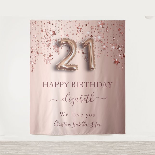 21st birthday rose gold blush stars friends tapestry (Front)