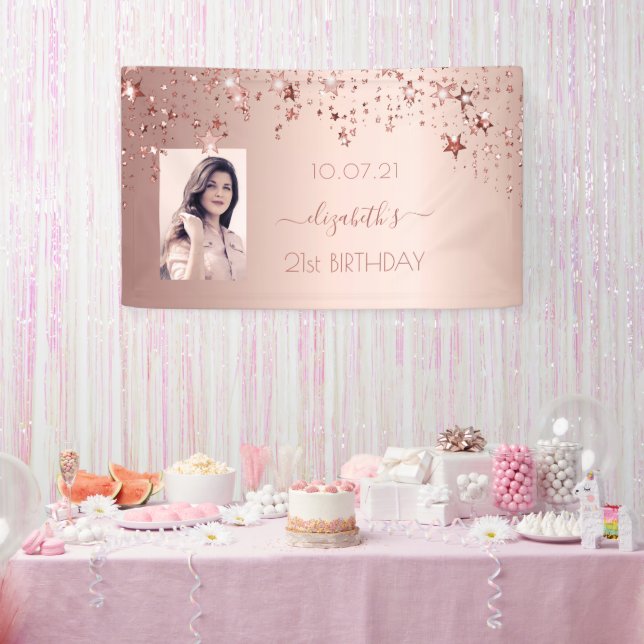 21st birthday rose gold blush stars photo banner (Party)