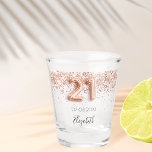 21st birthday rose gold confetti name shot glass<br><div class="desc">For a 21st birthday. Transparent background.  Decorated with rose gold sparkles,  confetti.  Personalise and add a date,  name. Number 21 is written with a balloon style font.</div>