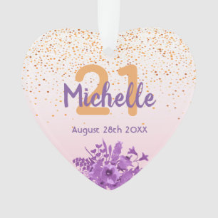 21st birthday rose gold confetti purple flowers ornament