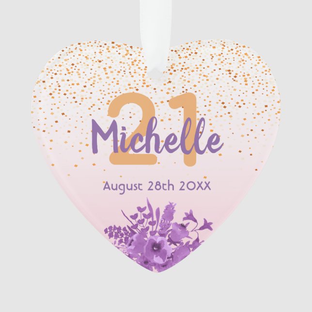 21st birthday rose gold confetti purple flowers ornament (Front)