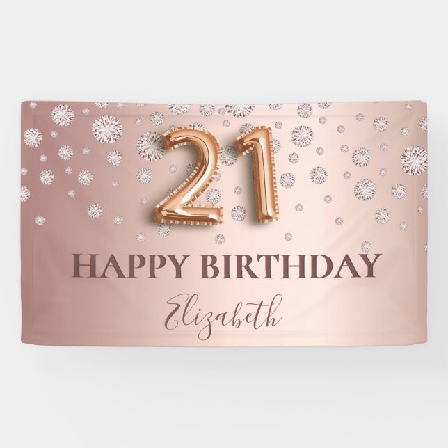 21st birthday rose gold diamonds balloon script banner (Horizontal)