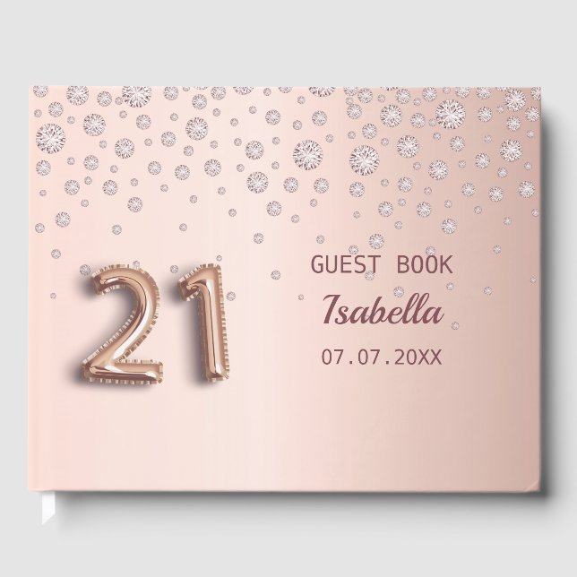 21st birthday rose gold diamonds elegant glam guest book (Front)