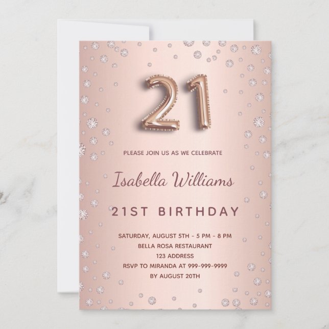 21st birthday rose gold diamonds invitation (Front)