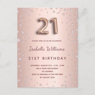 21st birthday rose gold diamons balloon script postcard