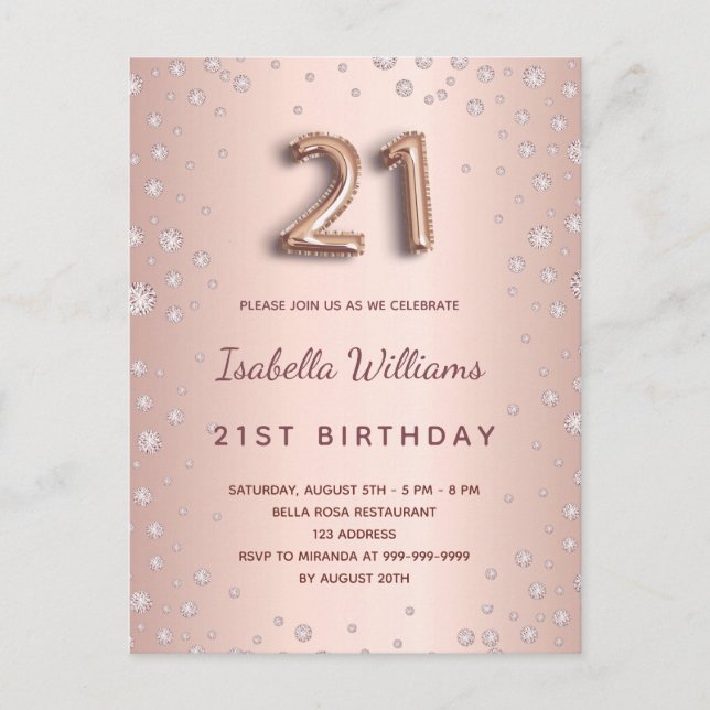 21st birthday rose gold diamons balloon script postcard (Front)