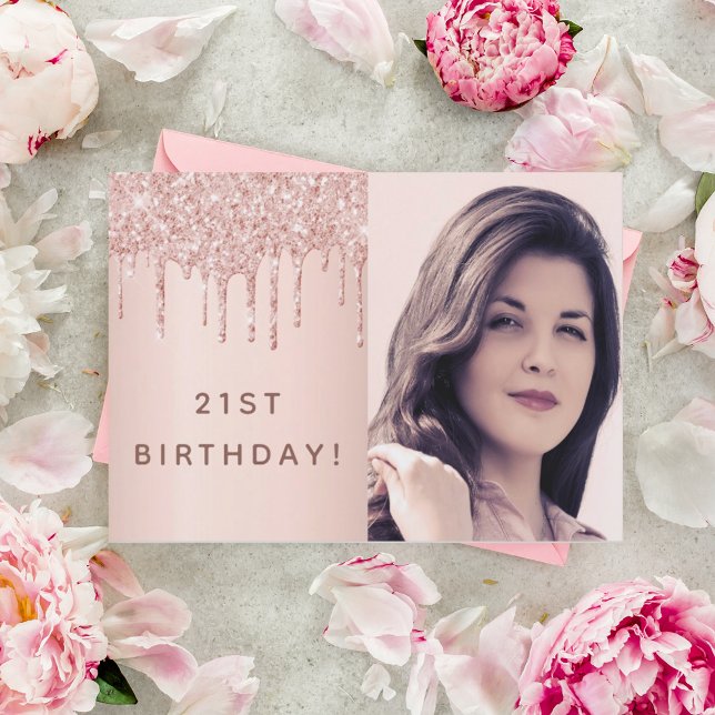 21st birthday rose gold glitter custom photo glam invitation (Creator Uploaded)