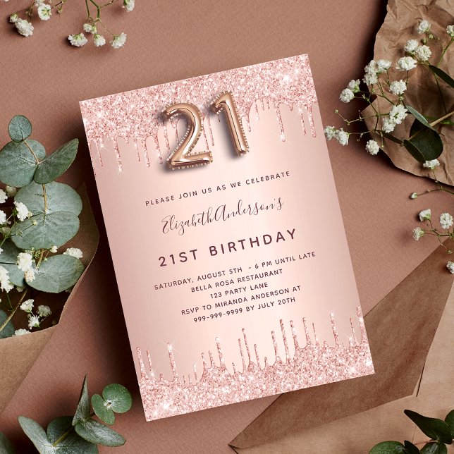 21st birthday rose gold glitter drips elegant invitation (Creator Uploaded)