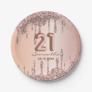 21st Birthday Rose Gold glitter drips Paper Plate