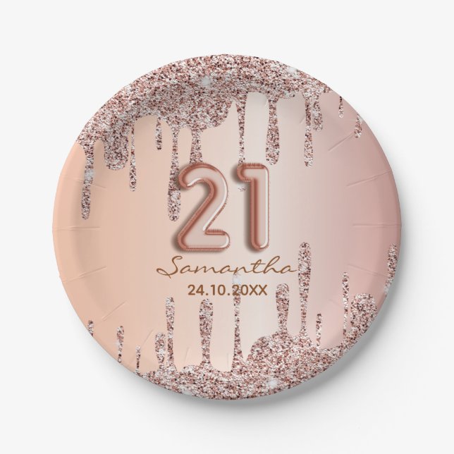 21st Birthday Rose Gold glitter drips Paper Plate (Front)
