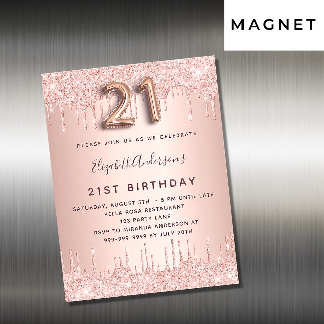 21st birthday rose gold glitter invitation magnet (Creator Uploaded)