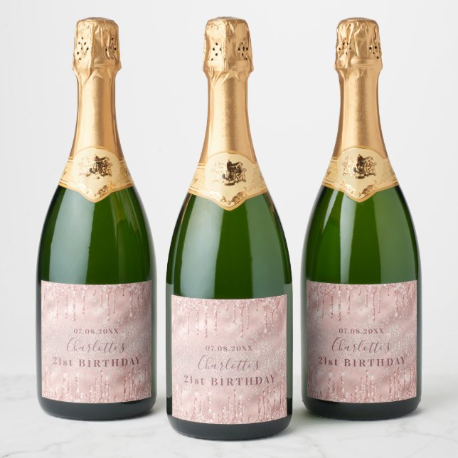 21st birthday rose gold glitter name sparkling wine label (Bottles)