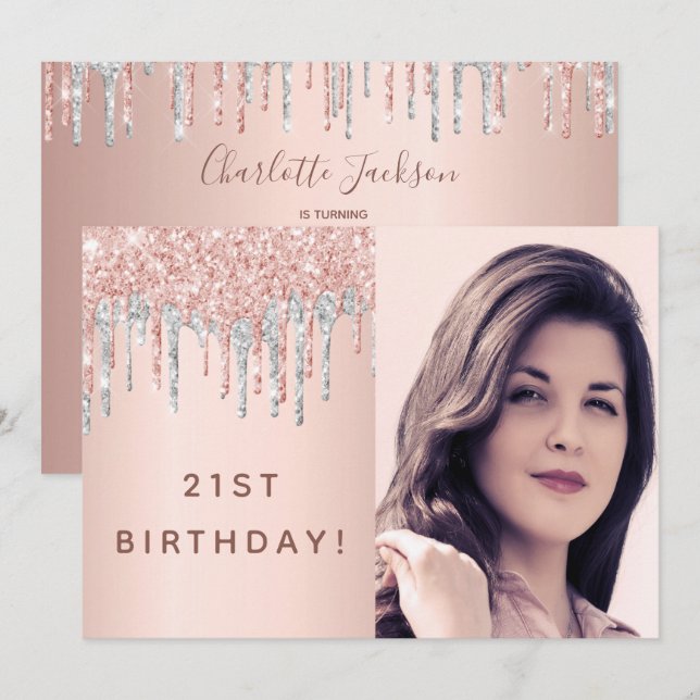21st birthday rose gold glitter photo pink silver invitation (Front/Back)