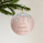 21st birthday rose gold glitter pink 21 silver ceramic tree decoration<br><div class="desc">An ornament for a girly and glamourous 21st birthday. A faux rose gold background with an elegant rose gold faux silver glitter drips, paint dripping look. Personalise and add a name, date and age 21. The name is written in dark rose gold with a modern hand lettered style script. Perfect...</div>