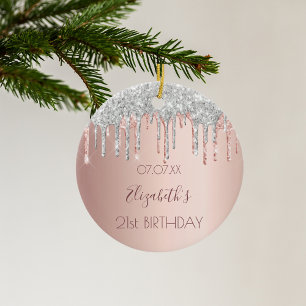 21st birthday rose gold glitter pink 21 silver ceramic tree decoration