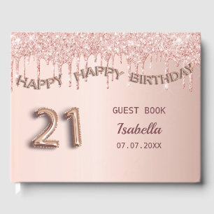 21st birthday rose gold glitter pink balloon font guest book