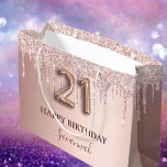 21st birthday rose gold glitter pink balloon style large gift bag<br><div class="desc">Elegant, classic, glamourous and girly for a 21st birthday party. Rose gold and blush pink, gradient background. Decorated with rose gold, pink faux glitter drips, paint dripping look. Personalise and add a name. With the text: Happy Birthday. The name is written with a modern dark rose coloured hand lettered style...</div>